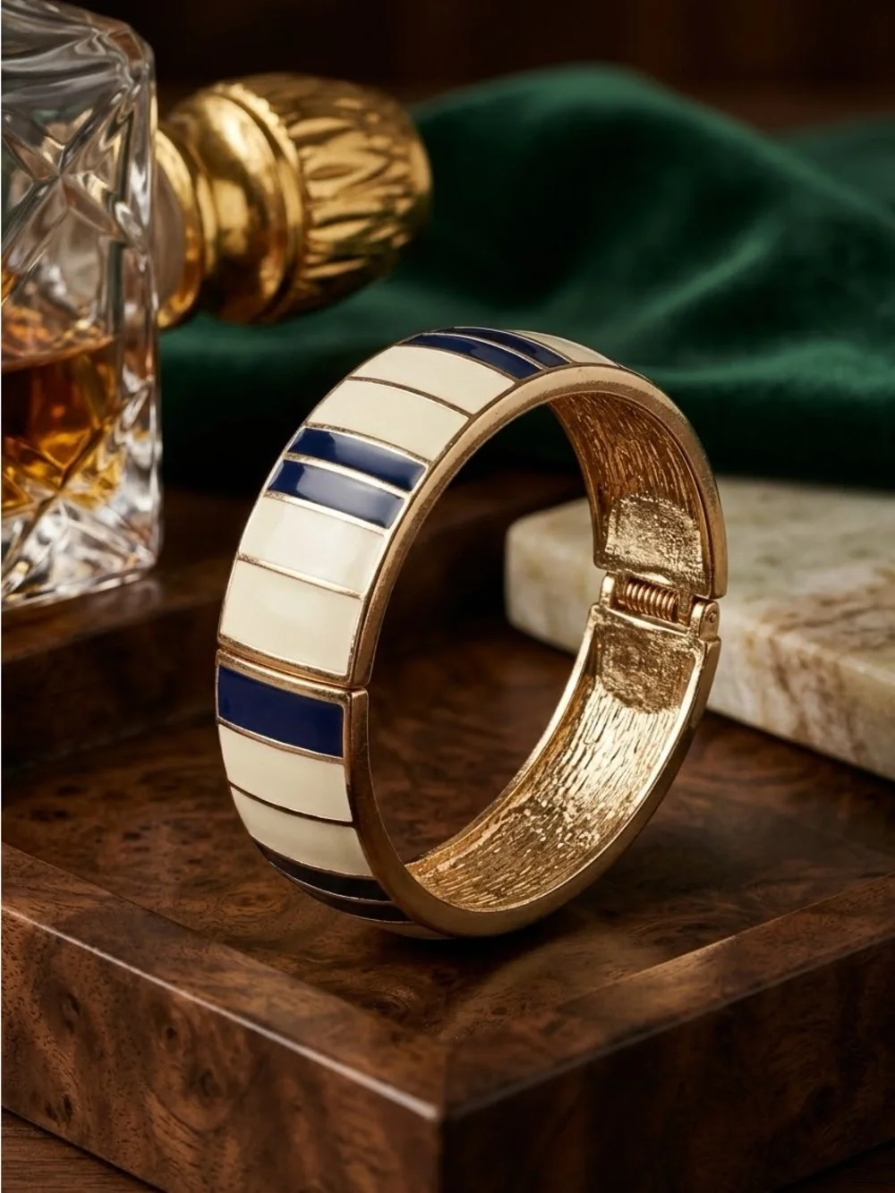 Gold-Tone Navy and Cream Enamel Bangle Watch Bracelet